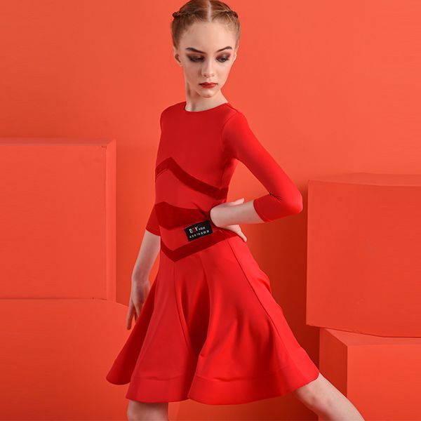 2020 new children's latin dance competition dress red striped long-sleeved ballroom samba rumba dance performance dress 3155, Black;red
2020 new children's latin dance competition dress red striped long-sleeved ballroom samba rumba dance performance dress 3155, Black;red