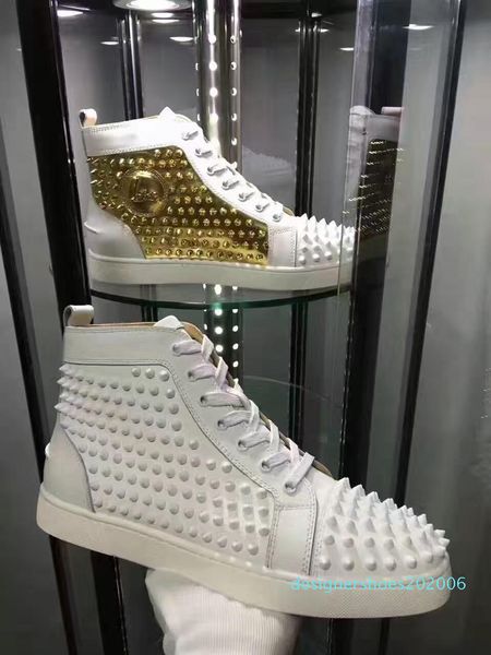 name casual man woman red bottom sneaker fashion patchwork shining gold high rivets lace up party shoes spikes d06, Black
name casual man woman red bottom sneaker fashion patchwork shining gold high rivets lace up party shoes spikes d06, Black