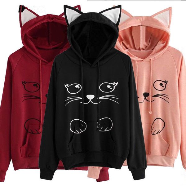 Womens Long Sleeve Hooded Sweatshirt Pink/Black/Wine Red Pullover Tops Hoodie Lady Animal Cat Printed 3D Ear Long Sleeve Hoodies
Womens Long Sleeve Hooded Sweatshirt Pink/Black/Wine Red Pullover Tops Hoodie Lady Animal Cat Printed 3D Ear Long Sleeve Hoodies