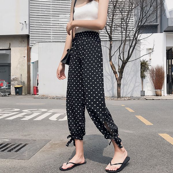 high-waisted loose pants women's summer thin-lantern ankle banded pants students capri loose-fit slimming chiffon women's, Black 
high-waisted loose pants women's summer thin-lantern ankle banded pants students capri loose-fit slimming chiffon women's, Black