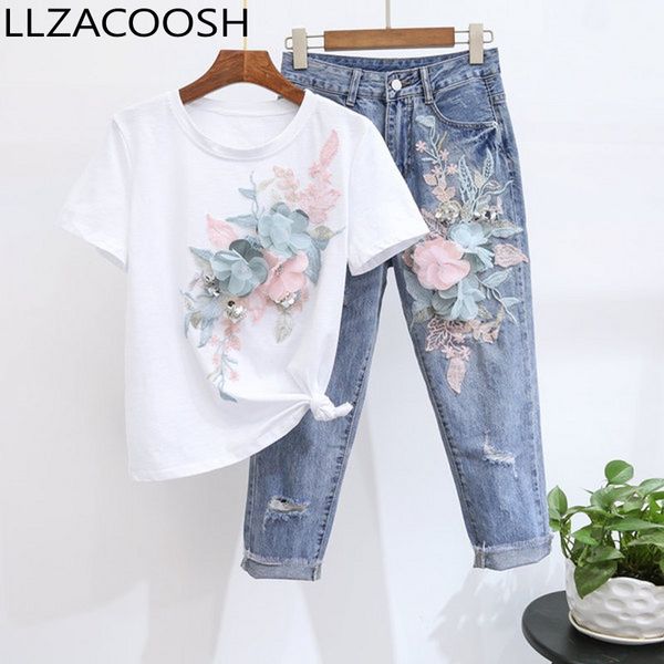 women 3d floral cotton embroidery sequined t-shirts jeans sets + casual holes denim tassel ankle-length pants suits, White
women 3d floral cotton embroidery sequined t-shirts jeans sets + casual holes denim tassel ankle-length pants suits, White
