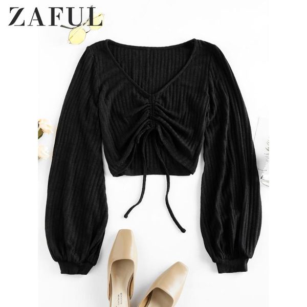 

zaful lantern sleeve cinched cropped sweater cropped knitwear short v-neck full sleeve solid autumn spring pullovers sweaters, White;black