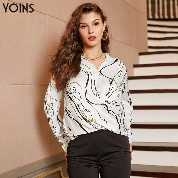 

yoins elegant printed v-neck long sleeves blouse 2019 women spring autumn blouses shirts female office ladies blusas femme, White