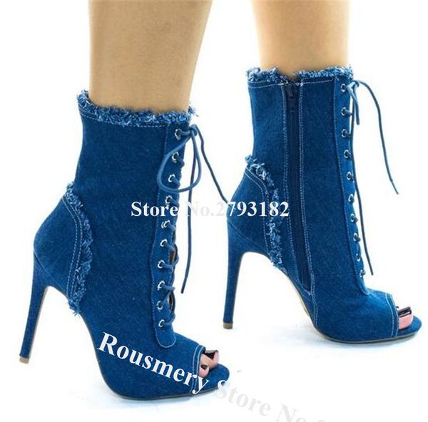 western fashion peep toe stiletto heel short gladiator denim boots lace-up blue high heel ankle booties motorcycle boots, Black
western fashion peep toe stiletto heel short gladiator denim boots lace-up blue high heel ankle booties motorcycle boots, Black