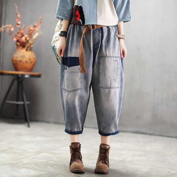 qpfjqd streetwear loose women harem jeans belt waist personality female vintage denim pants patchwork ladies cowboy trousers, Blue
qpfjqd streetwear loose women harem jeans belt waist personality female vintage denim pants patchwork ladies cowboy trousers, Blue