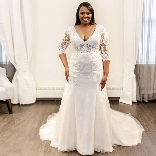 plus size mermaid wedding dresses deep v neck half sleeves lace appliques bridal gowns with sweep train custom made, White
plus size mermaid wedding dresses deep v neck half sleeves lace appliques bridal gowns with sweep train custom made, White