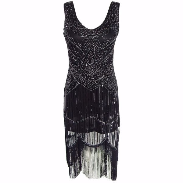 women's 1920s sequin beaded tassels hem flapper dress sleeveless black silver thread embroidery fringe great gatsby party dress, Black;gray
women's 1920s sequin beaded tassels hem flapper dress sleeveless black silver thread embroidery fringe great gatsby party dress, Black;gray