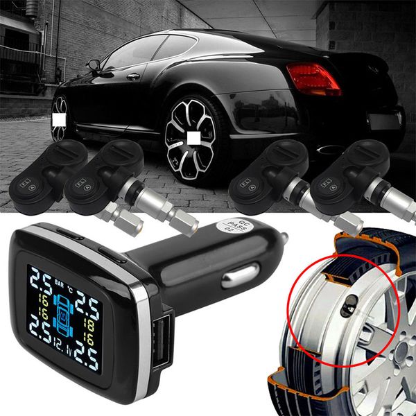 

car tire pressure monitoring system cigarette lighter plug tpms lcd digital display waterproof 4 external sensors usb charging