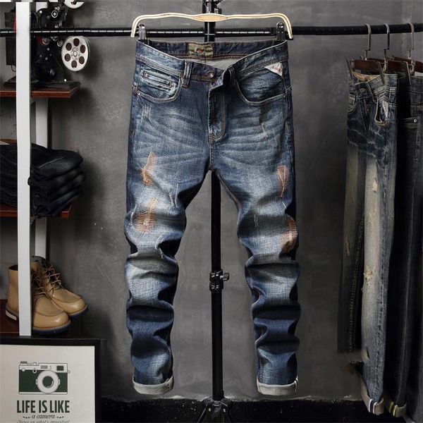 fashion streetwear men jeans slim fit embroidery designer ripped jeans men patchwork denim hip hop pants vintage classical, Blue
fashion streetwear men jeans slim fit embroidery designer ripped jeans men patchwork denim hip hop pants vintage classical, Blue