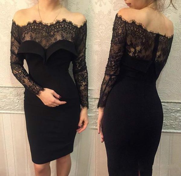 new lace black cocktail dresses long sleeves off shoulder knee length sheath short party prom special occasion gowns custom
new lace black cocktail dresses long sleeves off shoulder knee length sheath short party prom special occasion gowns custom