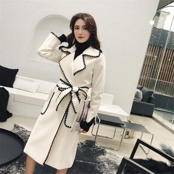 new style lapel long sleeve white adjustable waist woolen coat women loose plus solid color wavy side without buckle coat, Black
new style lapel long sleeve white adjustable waist woolen coat women loose plus solid color wavy side without buckle coat, Black