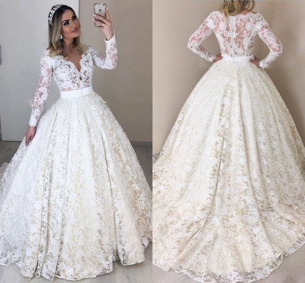 long sleeves lace ball gown wedding dresses 2020 modern v neck button back plus size bridal gowns sweep train vestidos de novia al3690, White
long sleeves lace ball gown wedding dresses 2020 modern v neck button back plus size bridal gowns sweep train vestidos de novia al3690, White
