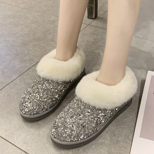 

rimocy shiny glitter long plush warm snow boots women slip on flat with ankle boots woman comfy thicken cotton padded lady shoes, Black