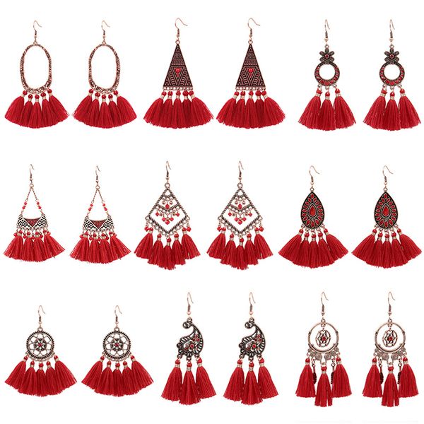 new fashion chinese red embroidery design silk tassel earrings for women, Silver
new fashion chinese red embroidery design silk tassel earrings for women, Silver