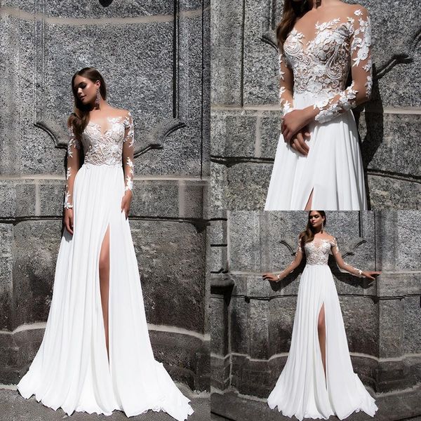 summer 2019 illusion bodice bohemian lace a line beach wedding dresses sheer neck long illusion sleeves thigh high slit bridal gowns, White
summer 2019 illusion bodice bohemian lace a line beach wedding dresses sheer neck long illusion sleeves thigh high slit bridal gowns, White