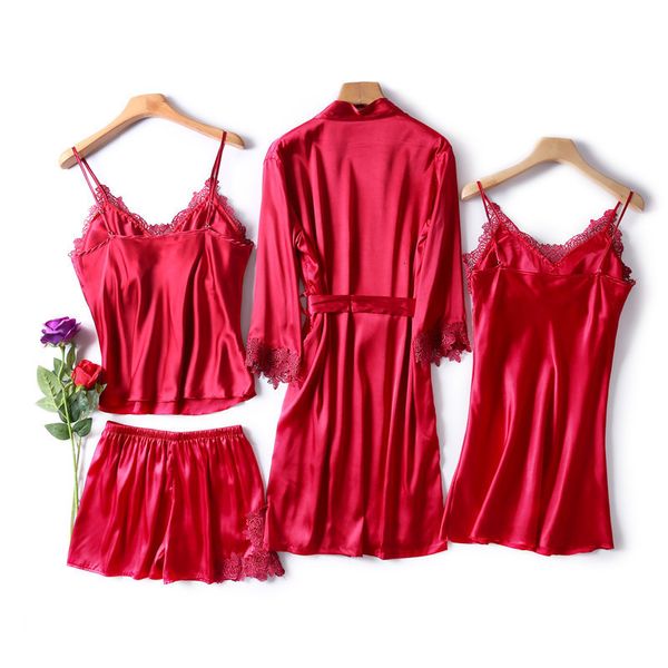 pajamas for women femme lingeries piece 4 full pajamas set women faux silk lace sling sleeveless shirt summer robe with chest pads, Black;red
pajamas for women femme lingeries piece 4 full pajamas set women faux silk lace sling sleeveless shirt summer robe with chest pads, Black;red