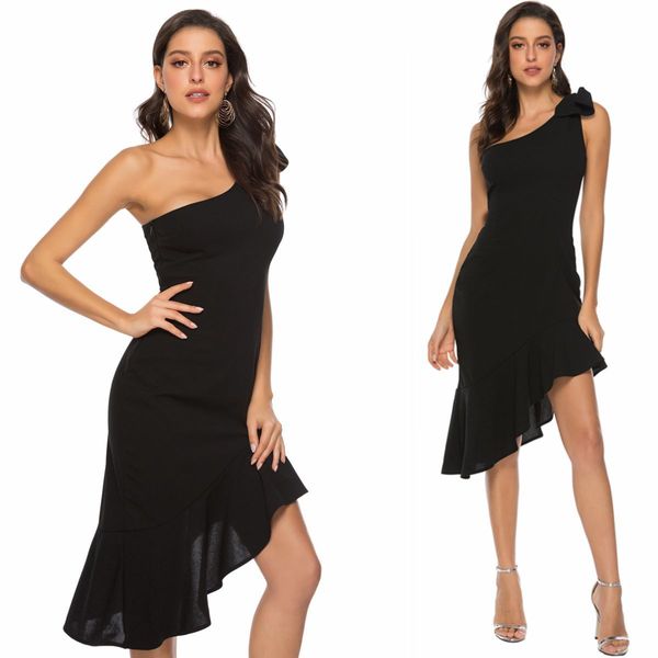 casual dresses inclined shoulder straps summer dresss bowknot chiffon irregular black color solid fashion robe, Black;gray
casual dresses inclined shoulder straps summer dresss bowknot chiffon irregular black color solid fashion robe, Black;gray
