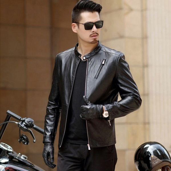 марка pu кожи куртка мужчины вскользь тонкого мотоцикла байкер полупальто англии стиль стенд воротник молния черная верхняя одежда мужская m, Black