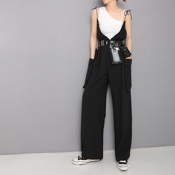 women summer halter big pocket belt design loose casual black overalls female punk gothic streetwear long legs suspenders pants, Black;white
women summer halter big pocket belt design loose casual black overalls female punk gothic streetwear long legs suspenders pants, Black;white