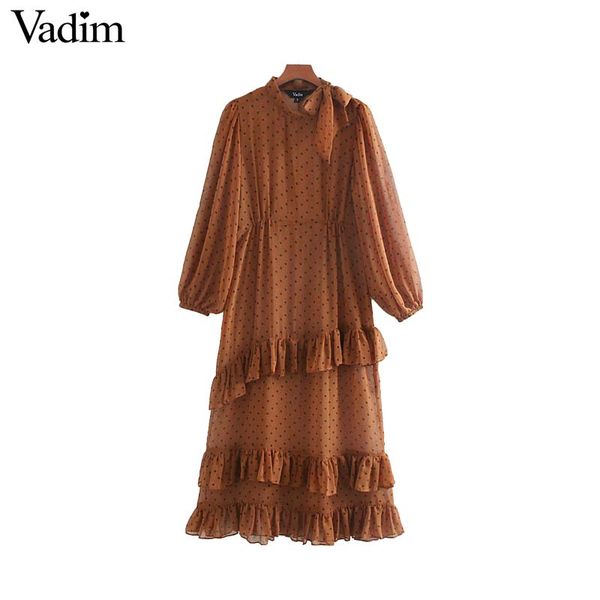 vadim women bow tie collar dots print midi dress long sleeve female ruffles dresses stylish two piece set vestidos qc778, Black;gray
vadim women bow tie collar dots print midi dress long sleeve female ruffles dresses stylish two piece set vestidos qc778, Black;gray