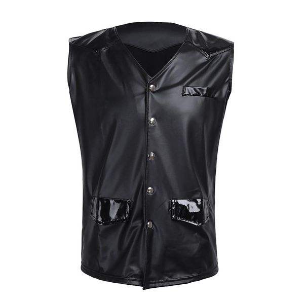 men pu leather splice patent leather v -neck sleeveless vest with front snap buttons pockets clubwear costume tank tide, White;black
men pu leather splice patent leather v -neck sleeveless vest with front snap buttons pockets clubwear costume tank tide, White;black
