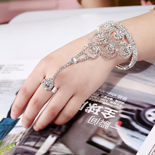 european and american fashion diamond-inlaid open bracelet ring with a chain full of diamond claw chain bracelet back chain bride jewelry, Black
european and american fashion diamond-inlaid open bracelet ring with a chain full of diamond claw chain bracelet back chain bride jewelry, Black