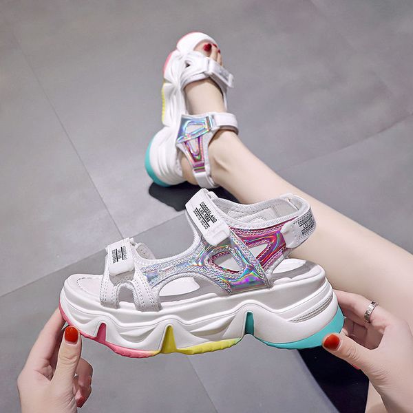 summer wedge rainbow casual sandals female 2020 new fashion women platform sandals super fire beach sports ins tide shoe, Black