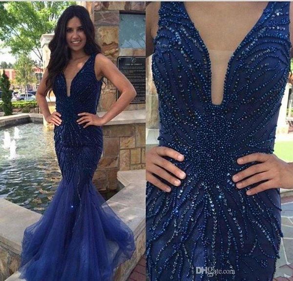 fashionable mermaid prom dresses navy blue tulle deep v neck with beaded evening dresses prom gowns dresses graduated, Black
fashionable mermaid prom dresses navy blue tulle deep v neck with beaded evening dresses prom gowns dresses graduated, Black