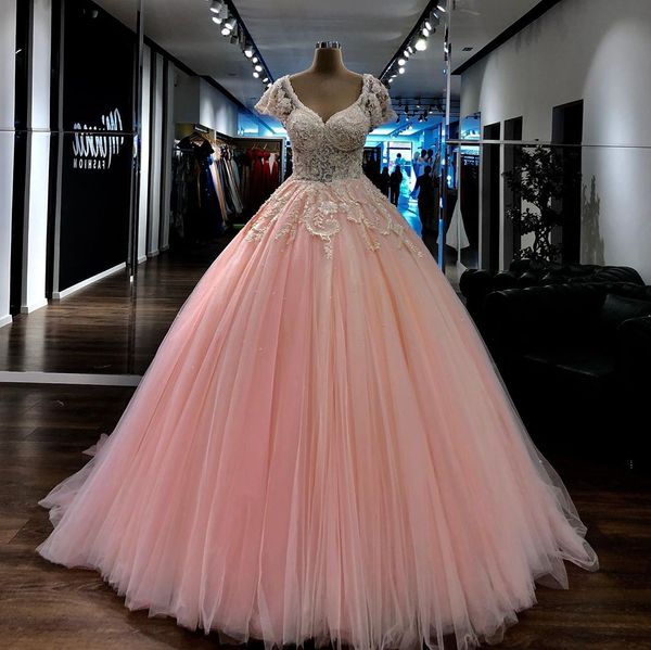 light pink beaded lace ball gown prom dresses v neck short sleeves appliqued evening gowns plus size sweep train tulle formal dress, Black
light pink beaded lace ball gown prom dresses v neck short sleeves appliqued evening gowns plus size sweep train tulle formal dress, Black