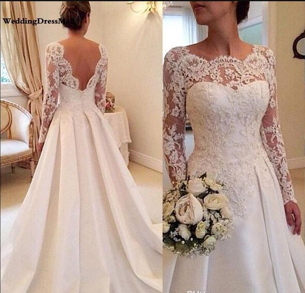2019 illusion lace long sleeves wedding dresses a line sheer scallop crew neckline backless ruched lace and satin bridal wedding gowns, White
2019 illusion lace long sleeves wedding dresses a line sheer scallop crew neckline backless ruched lace and satin bridal wedding gowns, White