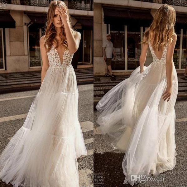 2019 berta wedding dresses deep v-neck lace appliqued beach boho wedding gowns robe de mariee princess cutaway a-line bridal dress, White
2019 berta wedding dresses deep v-neck lace appliqued beach boho wedding gowns robe de mariee princess cutaway a-line bridal dress, White