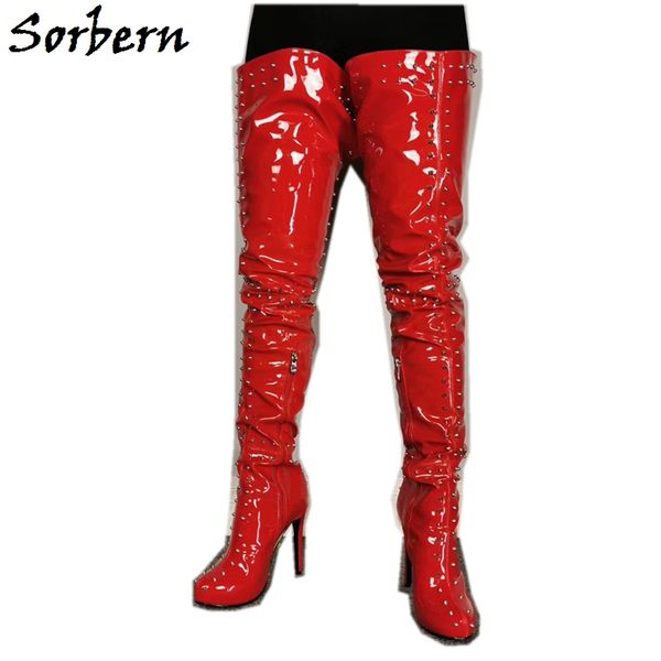 red patent crotch thigh high boots women over the knee high heel studs punk rivets custom wide slim legs service, Black
red patent crotch thigh high boots women over the knee high heel studs punk rivets custom wide slim legs service, Black