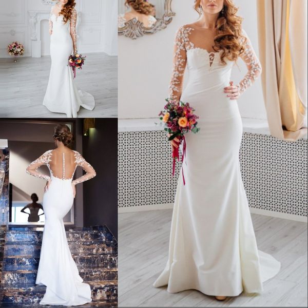 2019 new fashion mermaid wedding dresses lace sweetheart covered button long sleeve sweep train wedding gown, White
2019 new fashion mermaid wedding dresses lace sweetheart covered button long sleeve sweep train wedding gown, White
