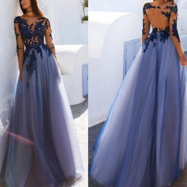 open back long evening prom dresses applique see through blue lace long sleeve party dress for women, Black
open back long evening prom dresses applique see through blue lace long sleeve party dress for women, Black