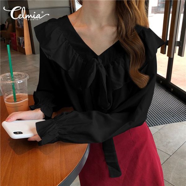 2020 celmia v-neck bow tie ruffles shirts long flare sleeve stylish women's blouse casual loose office blusas femme, White
2020 celmia v-neck bow tie ruffles shirts long flare sleeve stylish women's blouse casual loose office blusas femme, White