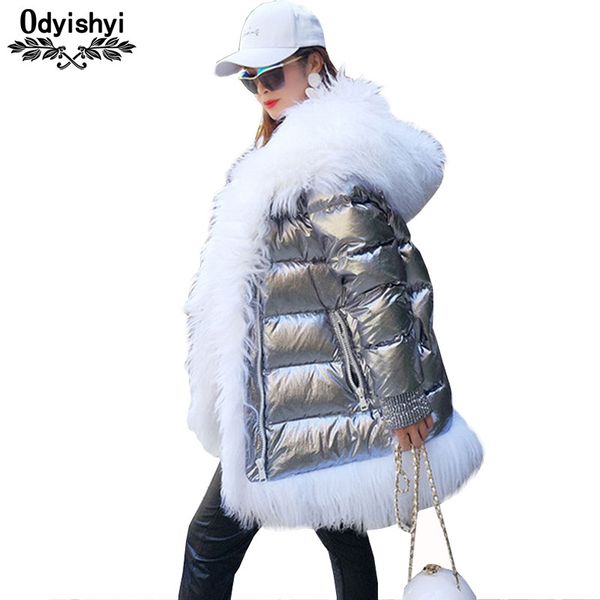 big fur collar fur coat lambswool winter loose jacket women 2018 thicken white duck down coats fashion bright women hooded parka, Black 
big fur collar fur coat lambswool winter loose jacket women 2018 thicken white duck down coats fashion bright women hooded parka, Black