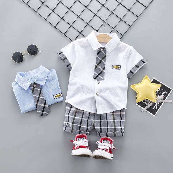 2020 new kids fashion clothing children boy casual clothes lattice tie short sleeve shirt 2pcs/sets toddler gentleman tracksuits, White 
2020 new kids fashion clothing children boy casual clothes lattice tie short sleeve shirt 2pcs/sets toddler gentleman tracksuits, White