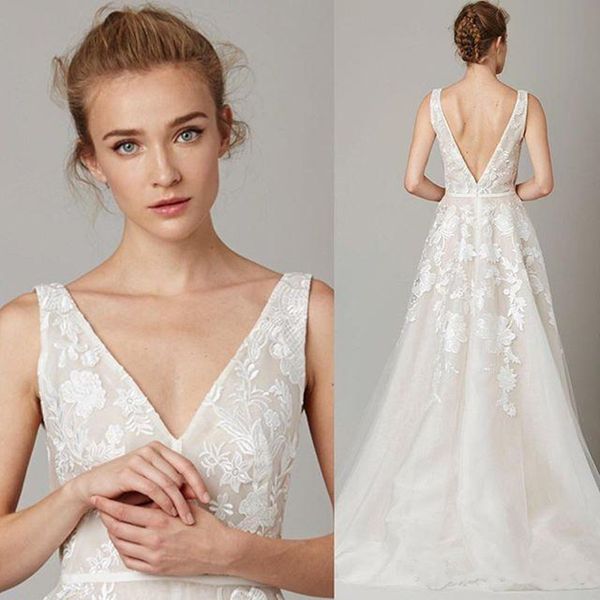 2020 new zuhair murad backless wedding dresses v neckline lace appliqued tulle chapel a-line sweep train bridal gowns, White
2020 new zuhair murad backless wedding dresses v neckline lace appliqued tulle chapel a-line sweep train bridal gowns, White