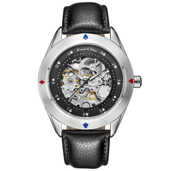 automatic self wind poker bezel golden steampunk analog male dress clock men black leather band mechanical wrist watch /380, Slivery;brown
automatic self wind poker bezel golden steampunk analog male dress clock men black leather band mechanical wrist watch /380, Slivery;brown