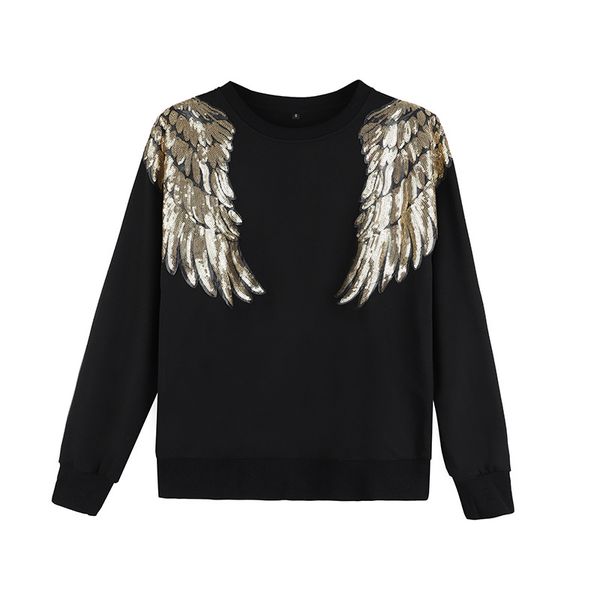 2019 spring autumn women's sweatshirts pullover loose wing embroidery long sleeve sequins round neck weater tee women, Black
2019 spring autumn women's sweatshirts pullover loose wing embroidery long sleeve sequins round neck weater tee women, Black