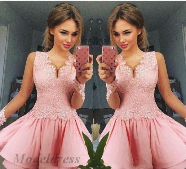 elegant pink homecoming dresses a line satin ruched lace appliques v neck illusion long sleeve short party dresses for cocktail club dress, Red
elegant pink homecoming dresses a line satin ruched lace appliques v neck illusion long sleeve short party dresses for cocktail club dress, Red