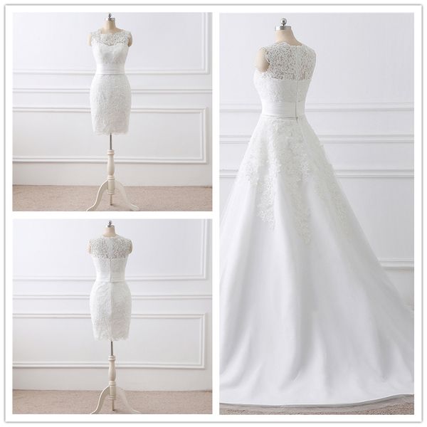 white lace short wedding dress bridal gown custom made lace detachable tail floor length wedding gown 
white lace short wedding dress bridal gown custom made lace detachable tail floor length wedding gown