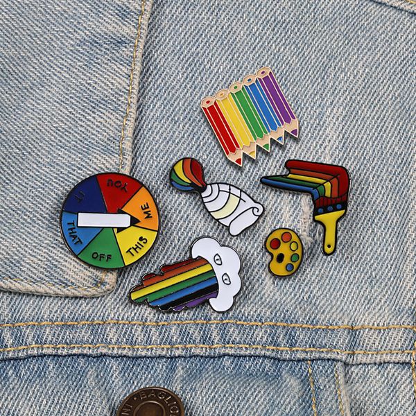 cartoon artist painting tools brooch palette paint tube brush rainbow pencil turntable lapel enamel pin badge kids metal jewelry, Gray