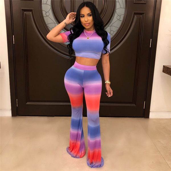 women designer tie-dye gradient short sleeve t shirt crop slim flared pants brand two piece set outfits luxury sports suit cz528, White
women designer tie-dye gradient short sleeve t shirt crop slim flared pants brand two piece set outfits luxury sports suit cz528, White