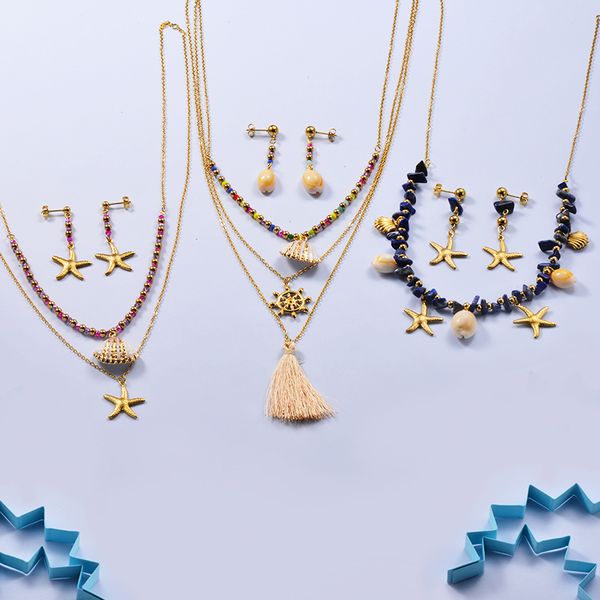 baoyan fashion stainless steel jewelry woman seashell starfish rudder anchor gold earrings and necklace set women accessories, Silver
baoyan fashion stainless steel jewelry woman seashell starfish rudder anchor gold earrings and necklace set women accessories, Silver