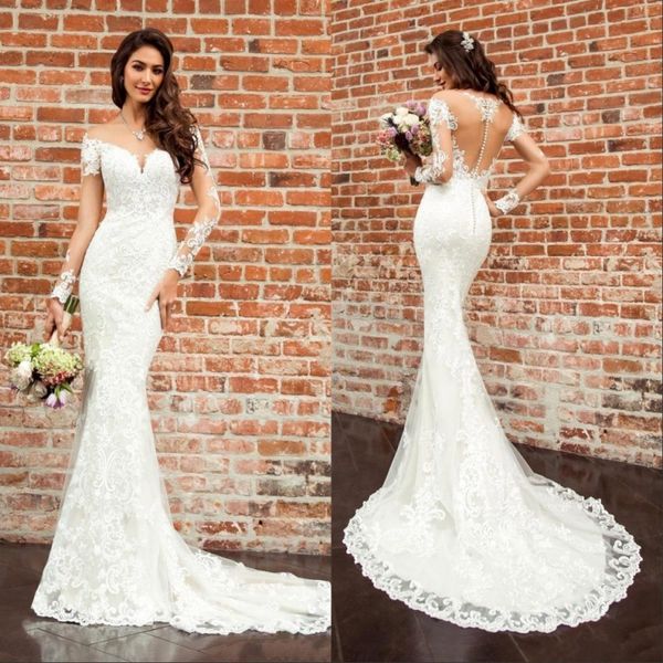 vintage full lace mermaid wedding dresses new sheer long sleeves illusion back bridal gowns with long train, White
vintage full lace mermaid wedding dresses new sheer long sleeves illusion back bridal gowns with long train, White
