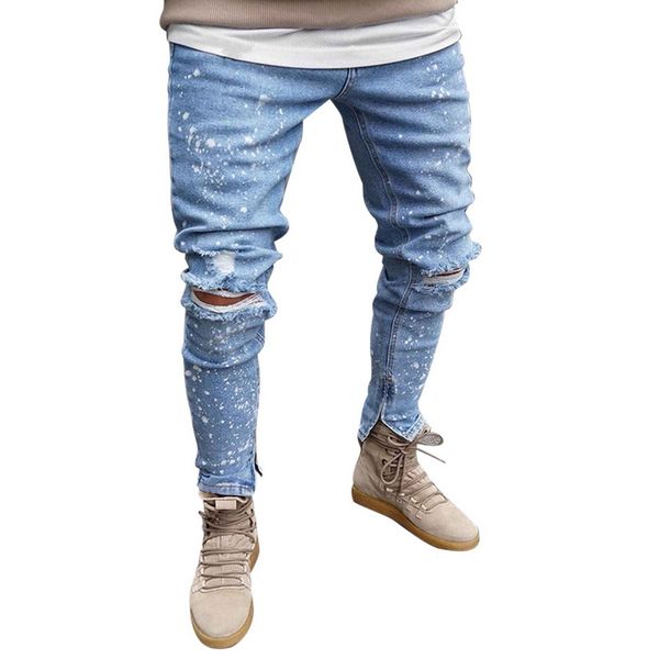 

fashion mens biker demin jeans stretch destroyed ripped cowboy pants printed pocket design fashion soft skinny hole jeans male, Blue