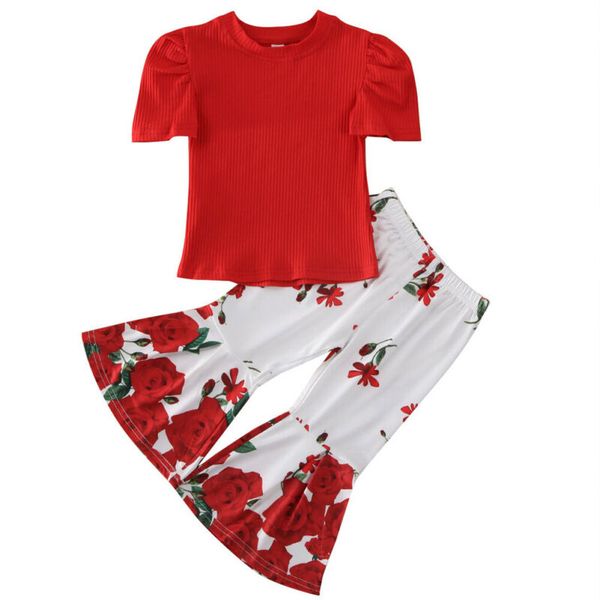1-6 years toddler kid baby girl outfit solid red t-shirt + floral print long pants sets girls clothes student suits, White