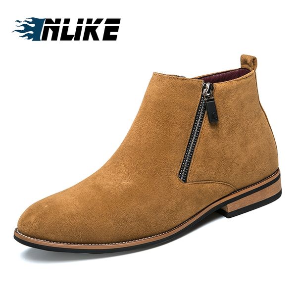 inlike business boots mens winter ankle boots men leather double zipper side dress shoes, Black