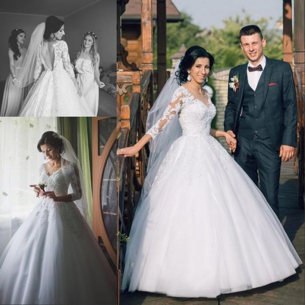 romantic 3/4 long sleeve lace applique beads wedding dresses illusion tulle a line country garden bridal wedding gowns, White
romantic 3/4 long sleeve lace applique beads wedding dresses illusion tulle a line country garden bridal wedding gowns, White